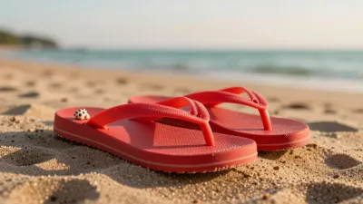 Red Flip-Flops Resting on Sandy Beach - Beach - AI generated image