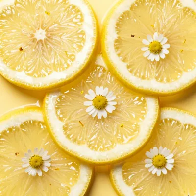 Sliced Lemons with Daisies on Yellow Background - Food - AI generated image