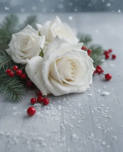 White Roses and Red Berries in Winter Frost - Flowers - AI generated image