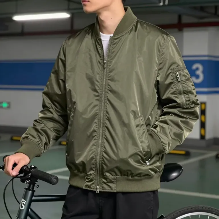 Olive-Green Bomber Jacket in Garage - Fashion - AI generated image