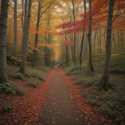 Autumn Forest Path Illuminated by Golden Light - Nature - AI generated image