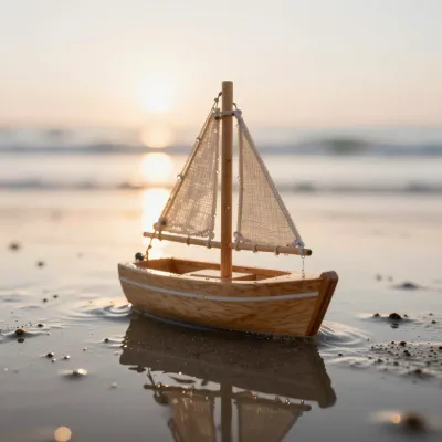 Toy Sailboat Resting on Wet Sand at Sunset - Toy - AI generated image