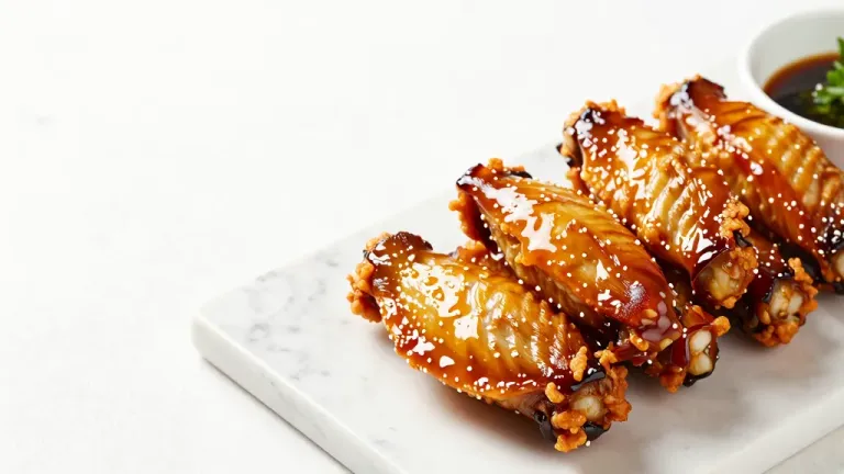 Glazed Chicken Wings Arranged Diagonally on Marble Slab - Gastronomy - AI generated image