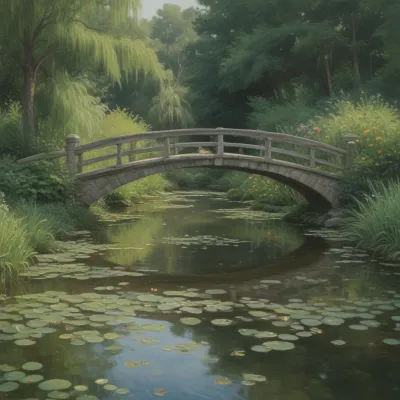 Weathered Stone Bridge Over Lily Pads - Architecture - AI generated image
