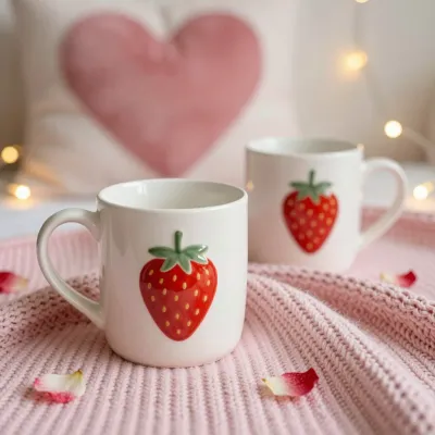 Strawberry Mugs Cozy Setting - Food & Drink - AI generated image