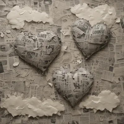 Crumpled Newspaper Hearts with Clouds - Collage - AI generated image