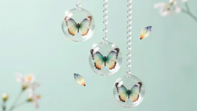 Glass Orb Cascade with Butterflies - Decor - AI generated image