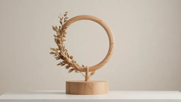 Wooden Sculpture with Circular Ring and Leafy Branches - Sculpture - AI generated image