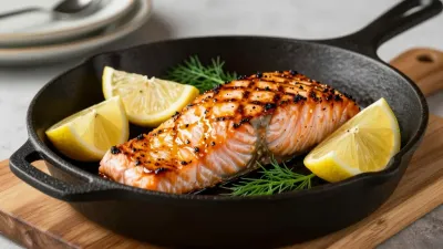 Grilled Salmon Fillet in Cast-Iron Skillet - Food - AI generated image