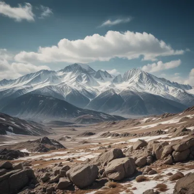 Rocky Landscape with Sparse Snow and Distant Peaks - Landscape - AI generated image