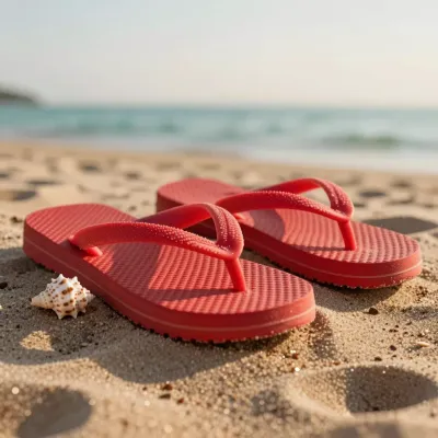 Red Flip-Flops Resting on Sandy Beach - Beach - AI generated image