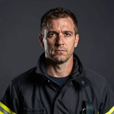 Firefighter Portrait in Dark Jacket with Yellow Stripes - People - AI generated image