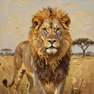 Golden Lion Standing in Savanna - Wildlife - AI generated image