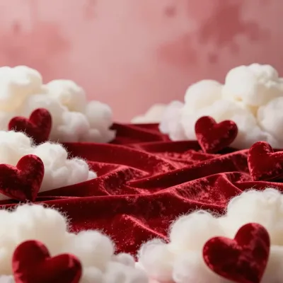 Red Velvet Fabric with Hearts and Clouds - Fashion - AI generated image