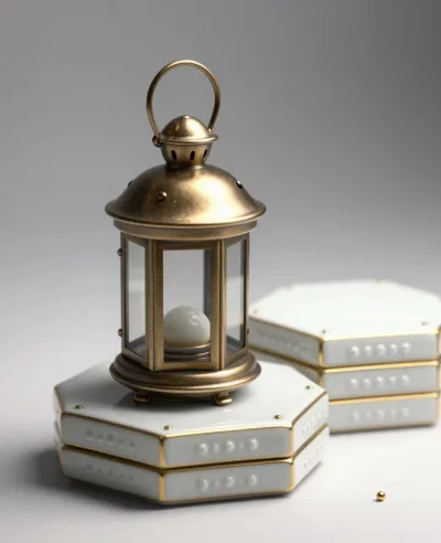 Golden Bronze Lantern on Hexagonal Tiles - Furniture - AI generated image
