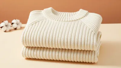 Creamy White Knitted Sweater Folded and Stacked - Fashion - AI generated image