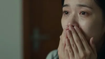 Woman with Hands on Cheeks, Alarm, Doorway - Portrait - AI generated image