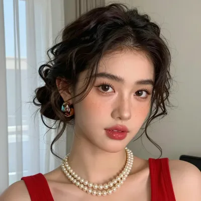 Freckled Woman with Updo in Red Top - Portrait - AI generated image