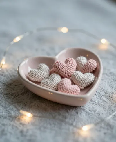 Knitted Hearts in Ceramic Dish with String Lights - Still Life - AI generated image