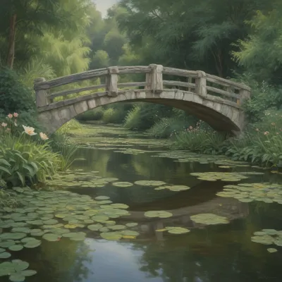 Stone Bridge Over Lily Pads in Serene Pond - Architecture - AI generated image