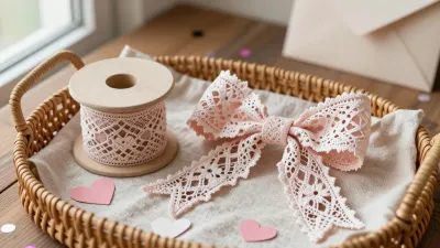 Wicker Basket with Lace Ribbons and Paper Hearts - Crafting - AI generated image
