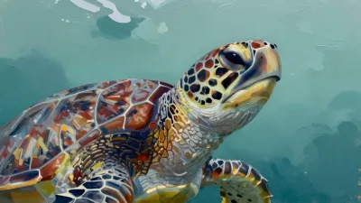Glossy Sea Turtle Portrait in Teal Aquatic Setting - Wildlife - AI generated image