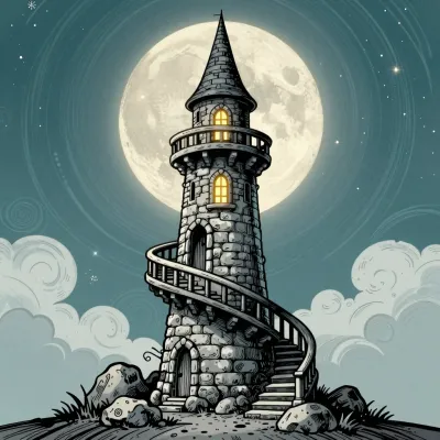 Spiral Stone Tower Under Full Moon - Architecture - AI generated image