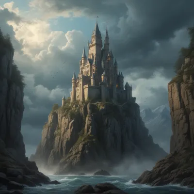 Rugged Fantasy Castle on Rocky Cliff - Architecture - AI generated image