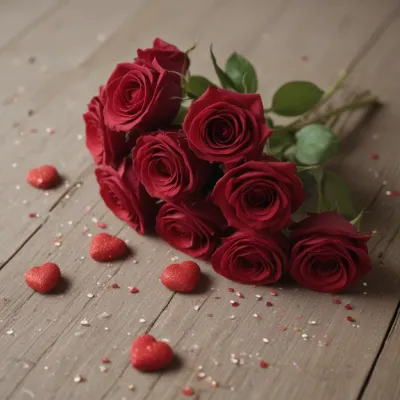 Deep Red Roses Bouquet on Rustic Wood - Flowers - AI generated image