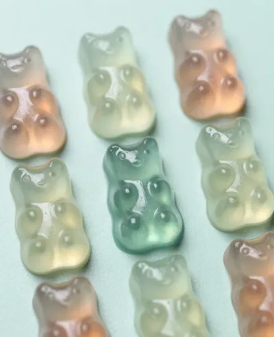 Pastel Gummy Bears Grid Arrangement - Food - AI generated image