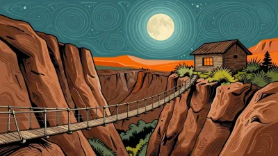 Rope Bridge Over Deep Canyon at Night - Architecture - AI generated image