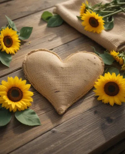 Sunflower Heart Pillow Rustic Wood - Decor - AI generated image