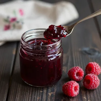 Raspberry Jam in Glass Jar with Fresh Raspberries - Food - AI generated image