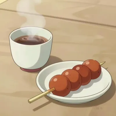 Tea Cup with Dango Skewer on Wooden Table - Food - AI generated image
