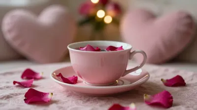 Teacup and Rose Petals in Soft Pink - Food & Drink - AI generated image