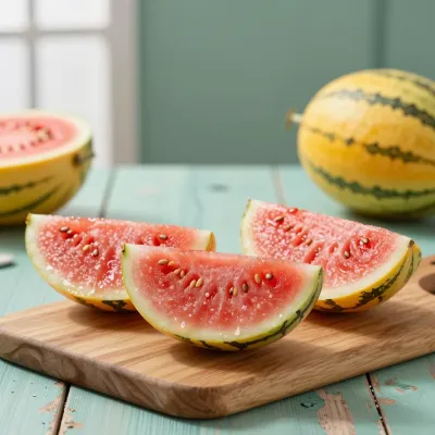 Golden-Rind Mini Watermelon Wedges on Cutting Board - Fruit - AI generated image
