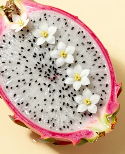 Dragonfruit Slice with White Flowers - Food - AI generated image
