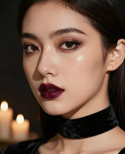 Woman's Face with Dewy Skin and Burgundy Lipstick - Portrait - AI generated image