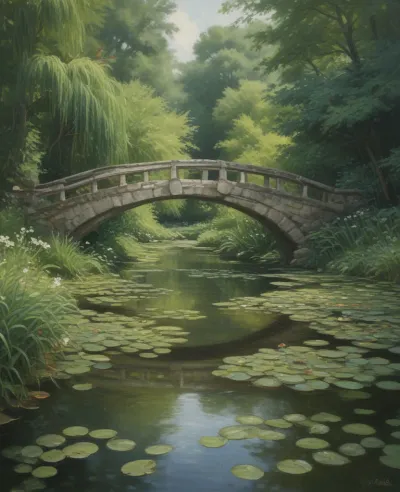 Stone Bridge Over Lily Pads in Soft Morning Light - Architecture - AI generated image
