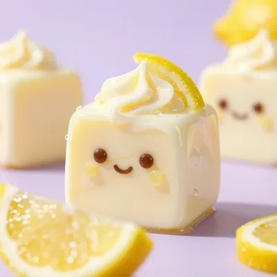 Lemon Sherbet Cube with Whipped Cream and Lemon Slice - Food - AI generated image