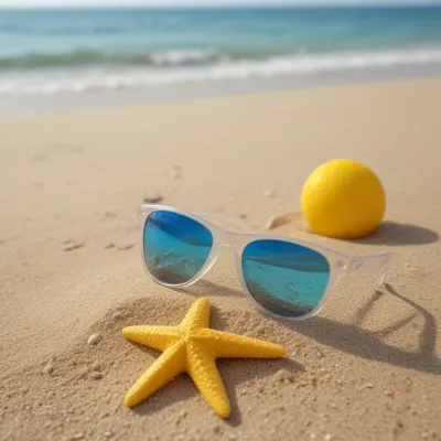Sunglasses and Starfish on Sandy Shore - Beach - AI generated image