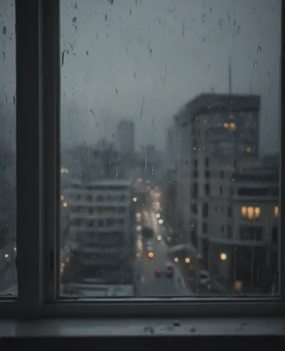 Raindrops on Window Glass Reflecting Cityscape - Urban - AI generated image