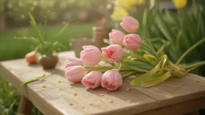 Pink Tulips Resting on Wooden Table in Golden Sunlight - Flowers - AI generated image