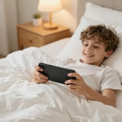 Boy Playing Handheld Game Console in Bed - People - AI generated image