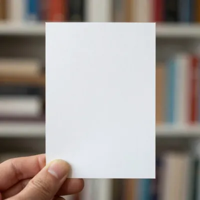Hand Holding White Card in Front of Bookshelves - People - AI generated image