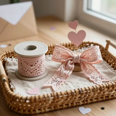 Lace Ribbon Spool in Woven Basket - Decor - AI generated image