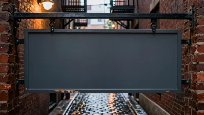 Blank Signboard Hanging in Wet Cobblestone Alley - Urban - AI generated image