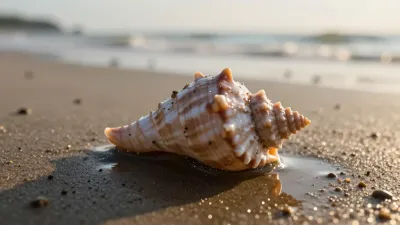 Seashell Resting on Wet Sand at Sunset - Seashell - AI generated image