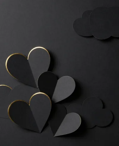 Black Hearts with Gold Outlines Clustered - Abstract - AI generated image