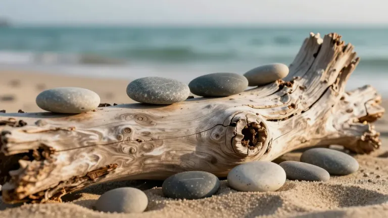 Driftwood and Pebbles on Sandy Beach - Nature - AI generated image